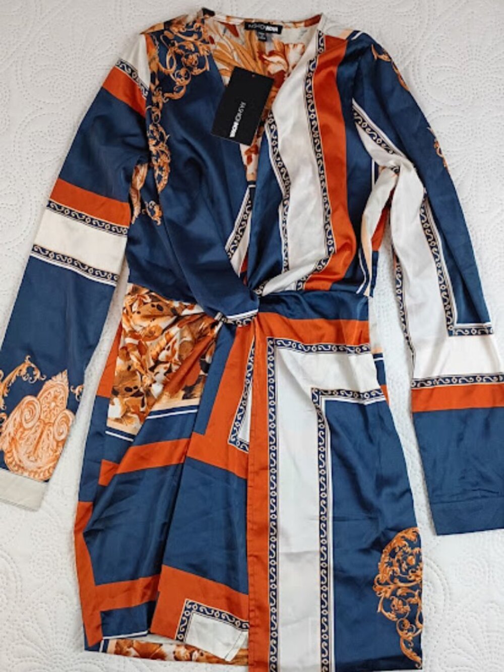 NWT Fashion Nova Scarf Print Wrap Mini Dress Navy Rust Long Sleeve Size S